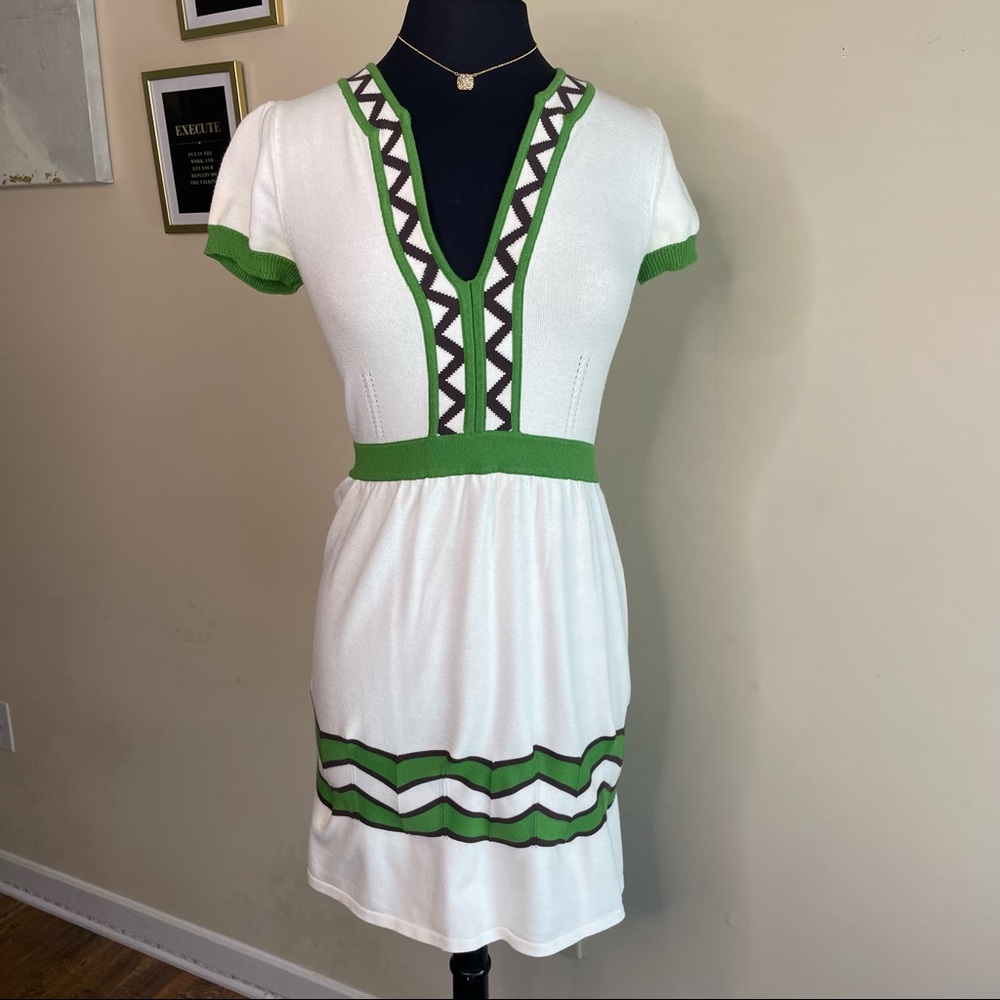 Milly of New York Cream Brown Green V-Neck Abstract Colorblock Dress